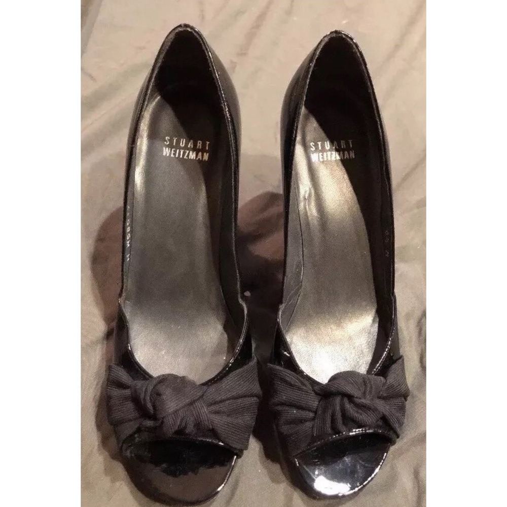 STUART WEITZMAN Black Patent Leather Open Toe Heel Pump Bow Size 6.5 M‎